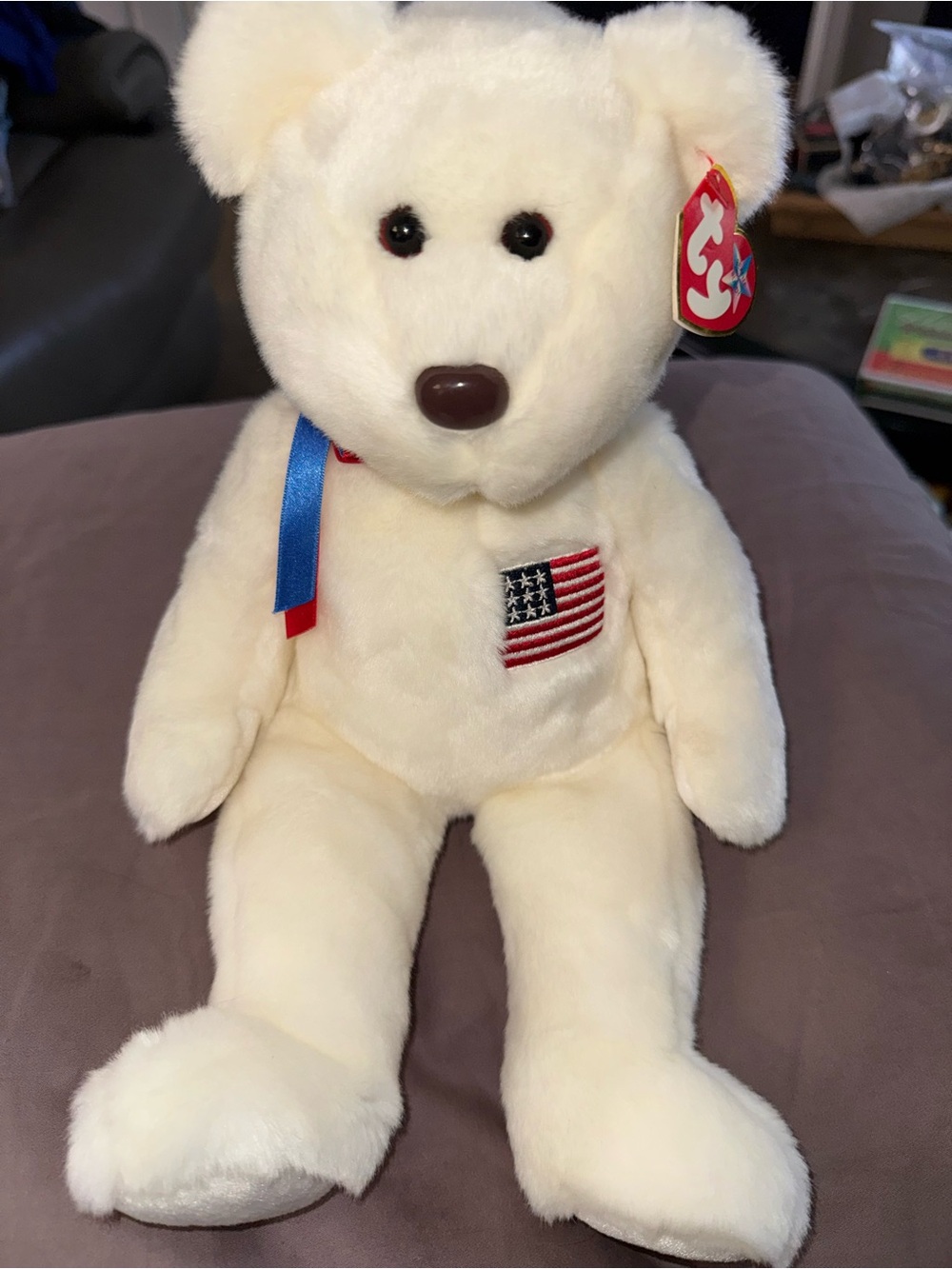 Vintage 2000 Ty Beanie Buddies LIBEARTY White Teddy Bear American Flag - Mint